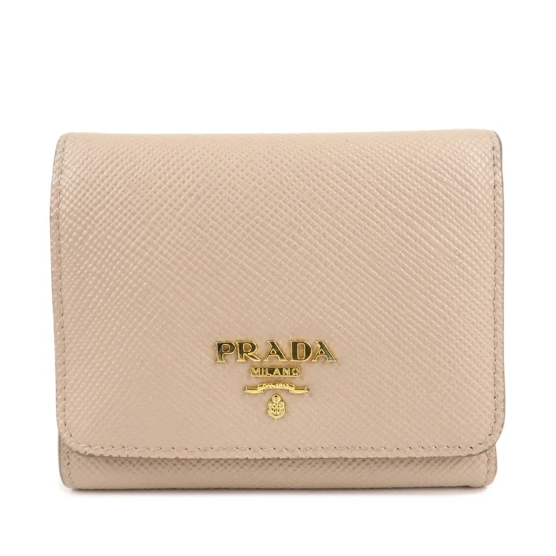 PRADA Saffiano Leather Trifold Compact Wallet Beige 1MH176