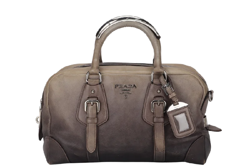 PRADA BANDOLIERA BROWN TAUPE LEATHER SILVER HARDWARE WITH STRAPS AND DUST COVER