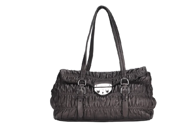 PRADA BR3971 PUSHLOCK FLAP BAG METALIC GREY LEATHER SILVER HARDWARE WITH DUST COVER