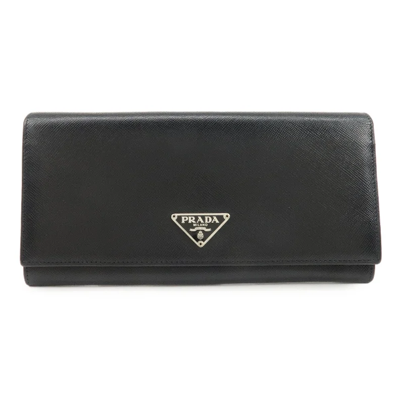 PRADA Leather Bi-fold Long Wallet Black Silver Hardware