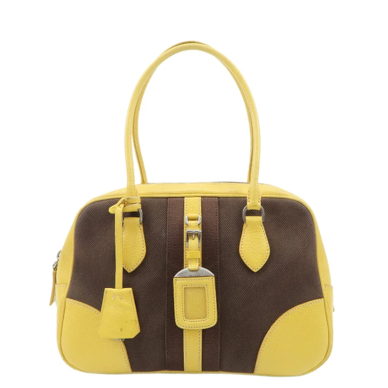 PRADA Canvas Leather Shoulder Bag Hand Bag Brown Yellow