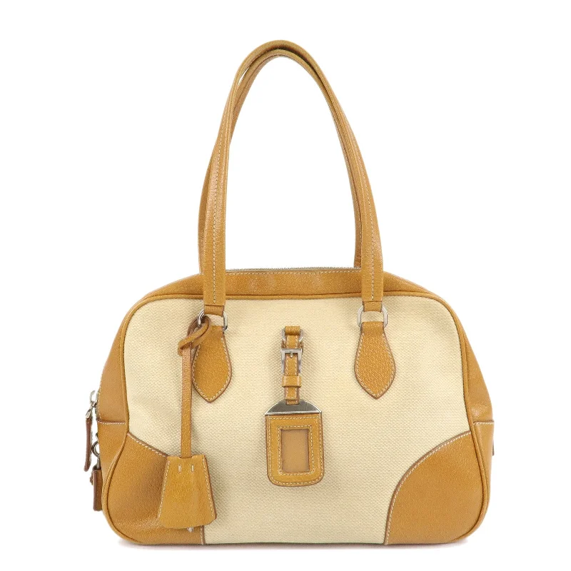 PRADA Canvas Leather Triangle Logo Boston Bag Ivory Brown