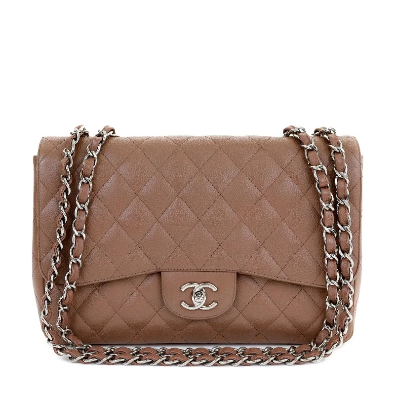 Chanel bags with leather and tweed combinationsChanel Caramel Caviar Jumbo Classic w/ Silver Hardware