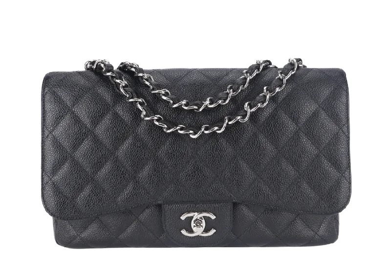 CHANEL CLASSIC FLAP JUMBO (1357xxxx) BLACK CAVIAR LEATHER SILVER HARDWARE WITH DUST COVER AND CARD