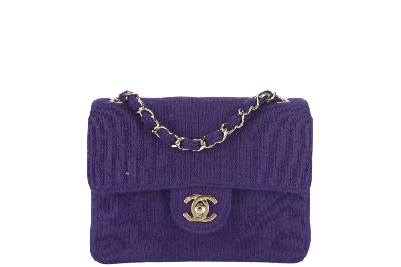 Chanel bags with intricate metal hardwareCHANEL CLASSIC FLAP MINI SQUARE (648xxxx) PURPLE JERSEY GOLD HARDWARE WITH DUST COVER AND CARD