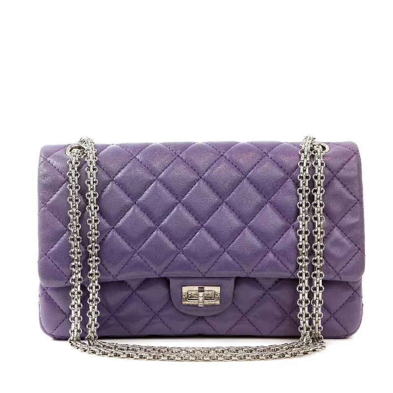 Chanel bags available in bold colors and patternsChanel Dark Purple Lambskin Medium 2.55 Reissue Classic w/ Silver Hardware