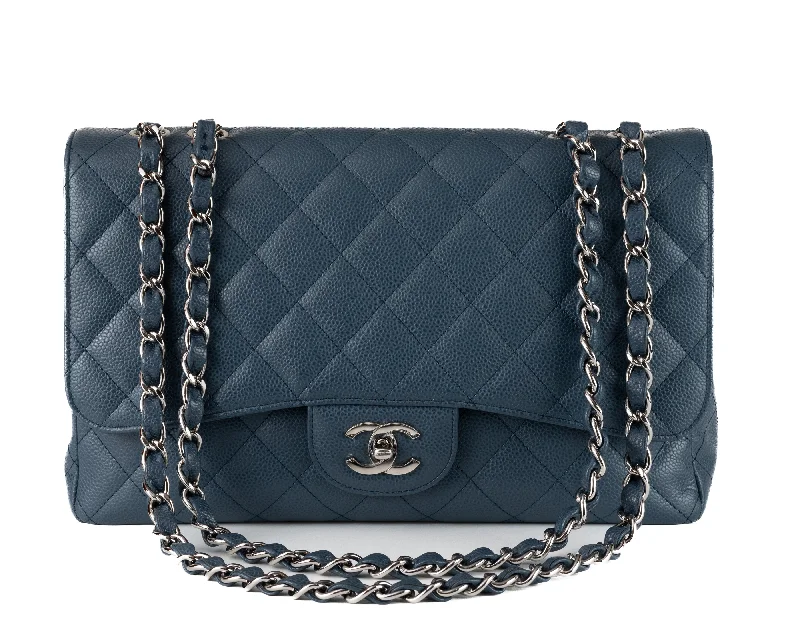 Chanel Handbag with Adjustable Strap for ComfortChanel Navy Blue Caviar Jumbo Classic w/ Silver Hardware