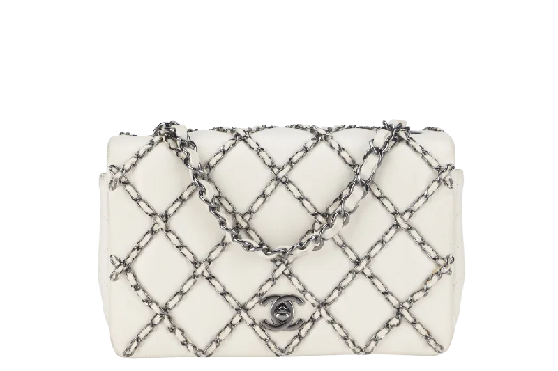 Chanel All - Match Handbag for Versatile StylingCHANEL QUILTING ENCHAINED FLAP BAG (1968xxxx) WHITE LAMBSKIN LEATHER SILVER HARDWARE WITH CARD, DUST COVER AND BOX