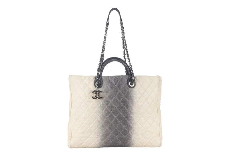 Chanel bags with iconic stitching detailsCHANEL TOTE BAG LARGE (1784xxxx) CREAM & GREY OMBRE CAVIAR LEATHER SILVER HARDWARE WITH DUST COVER