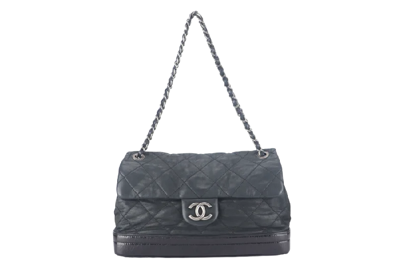 Chanel bags with gold, silver, and pearl accentsCHANEL VIP FLAP BAG (1514xxxx) BLACK IRIDESCENT CALFSKIN RUTHENIUM HARDWARE WITH DUST COVER